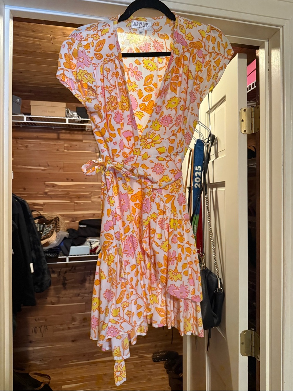 Artful Floral Wrap Dress in Pink & Yellow, XIX Palms, size medium